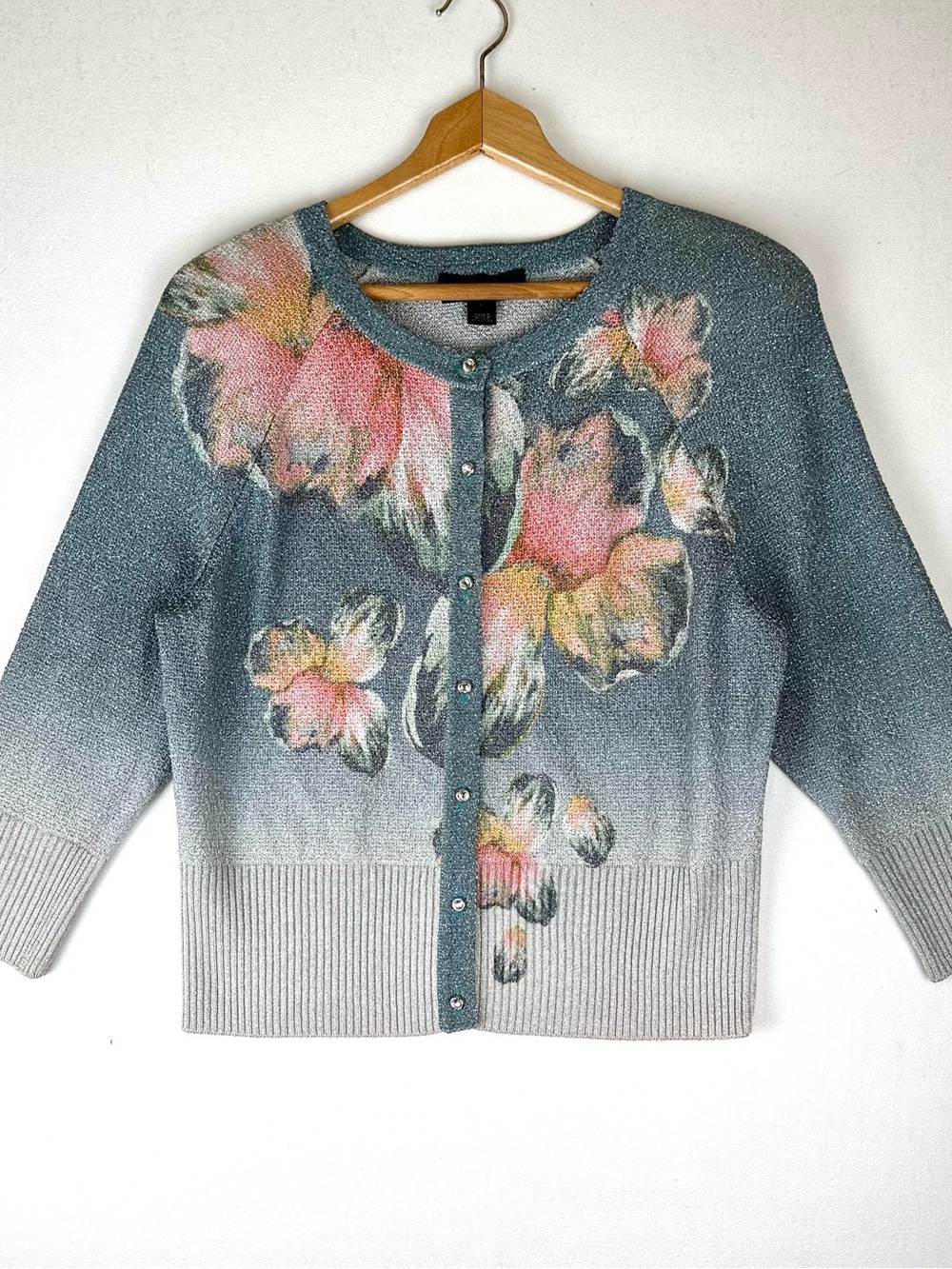 St John Pastel Floral Metallic Cardigan Sweater Jewel Buttons‎